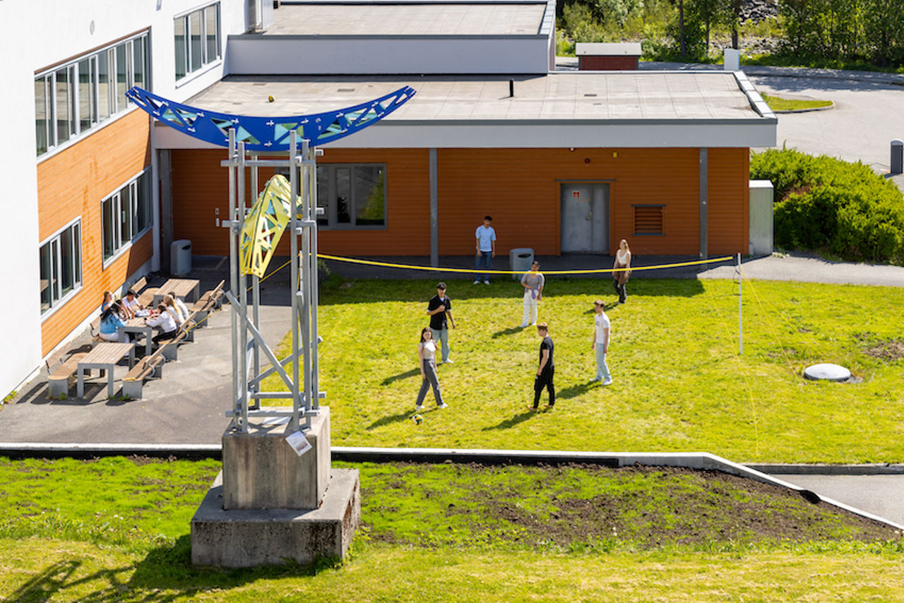 Elevar som spelar volleyball