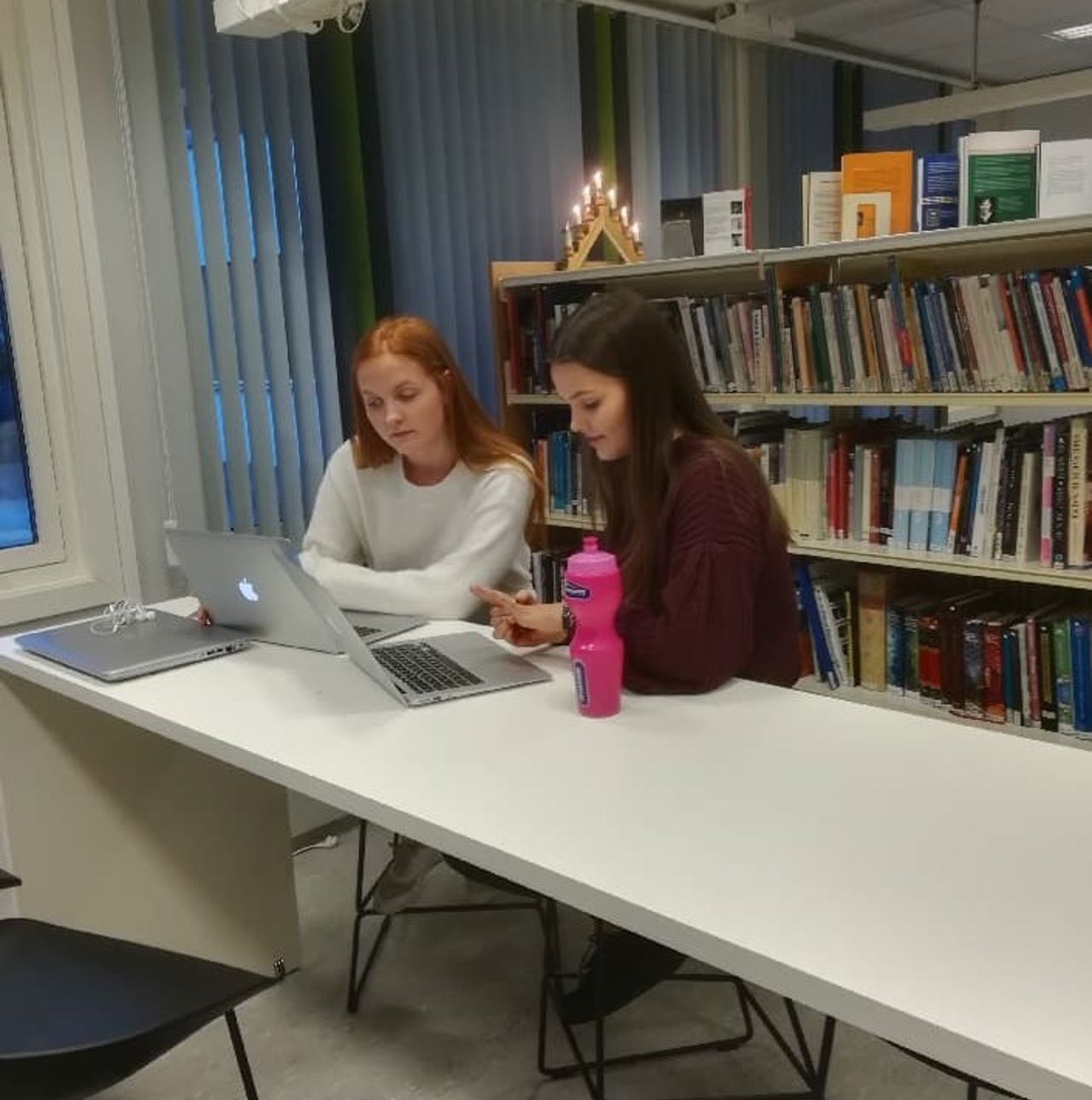 Bilde av elevar på biblioteket på Myra